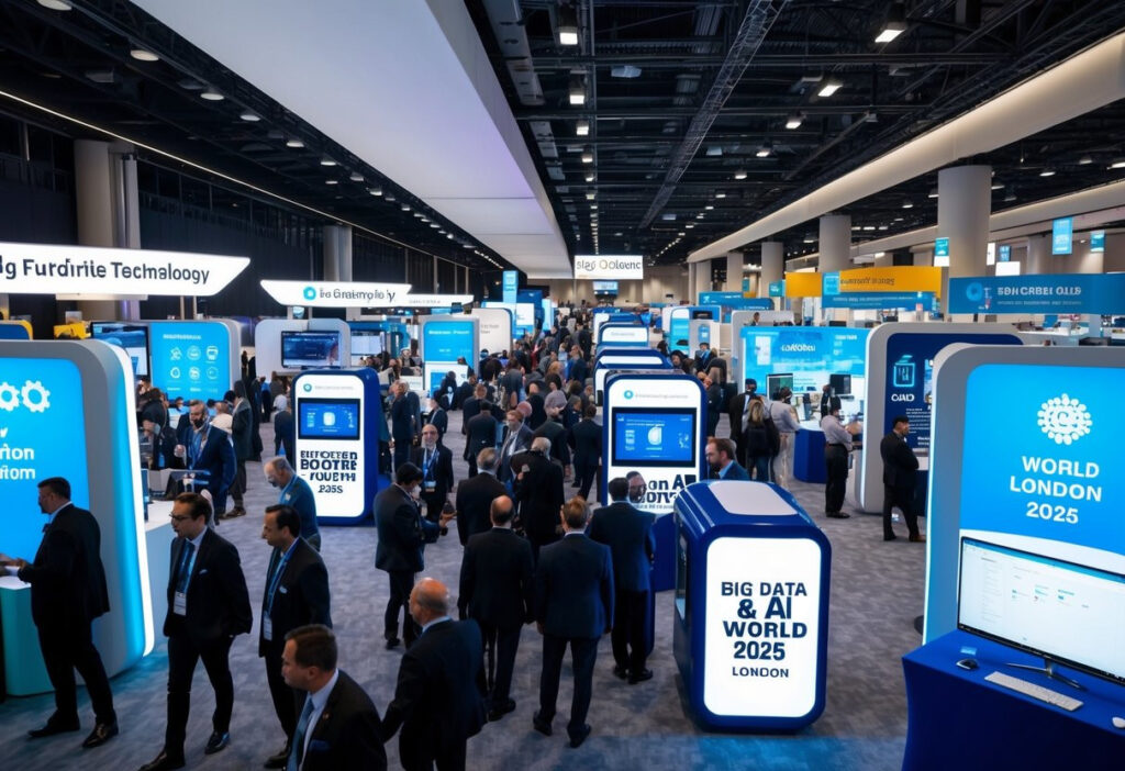 A bustling convention center filled with futuristic technology displays and AI-powered innovations at Big Data & AI World London 2025