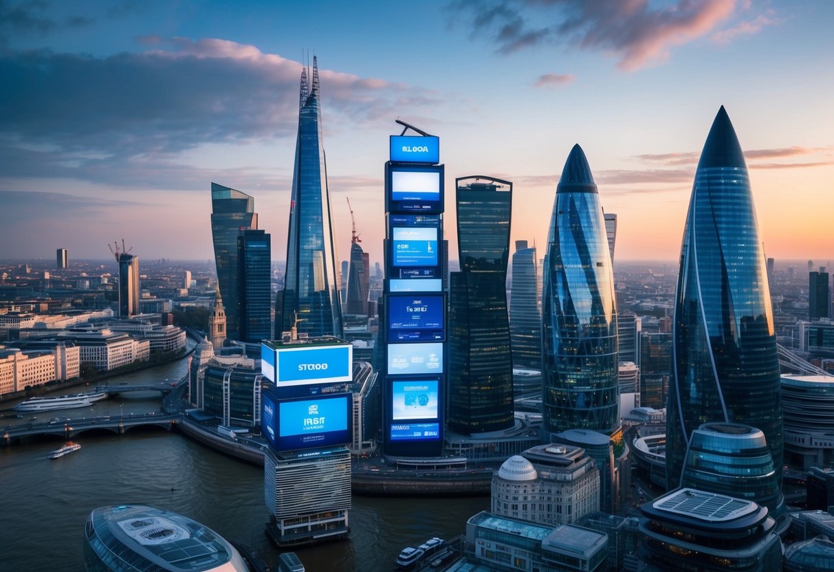 A bustling cityscape with futuristic skyscrapers and digital billboards, showcasing the integration of Big Data and AI in London 2025