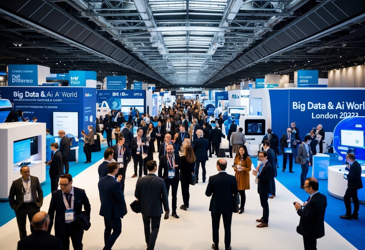 A bustling convention center filled with futuristic technology displays and people interacting with AI and big data innovations at Big Data & AI World London 2025