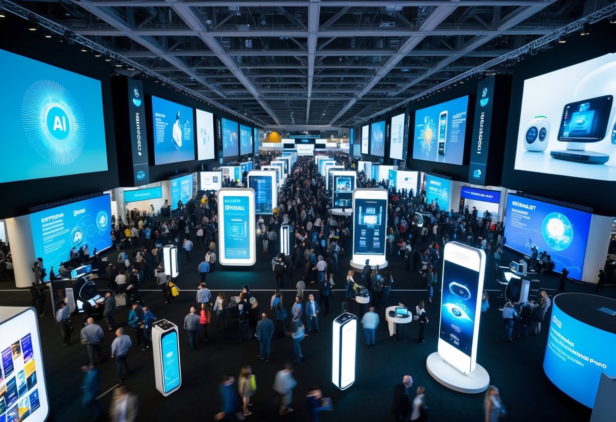 A bustling convention center filled with futuristic tech displays and AI-powered gadgets, surrounded by towering digital billboards and interactive holographic projections