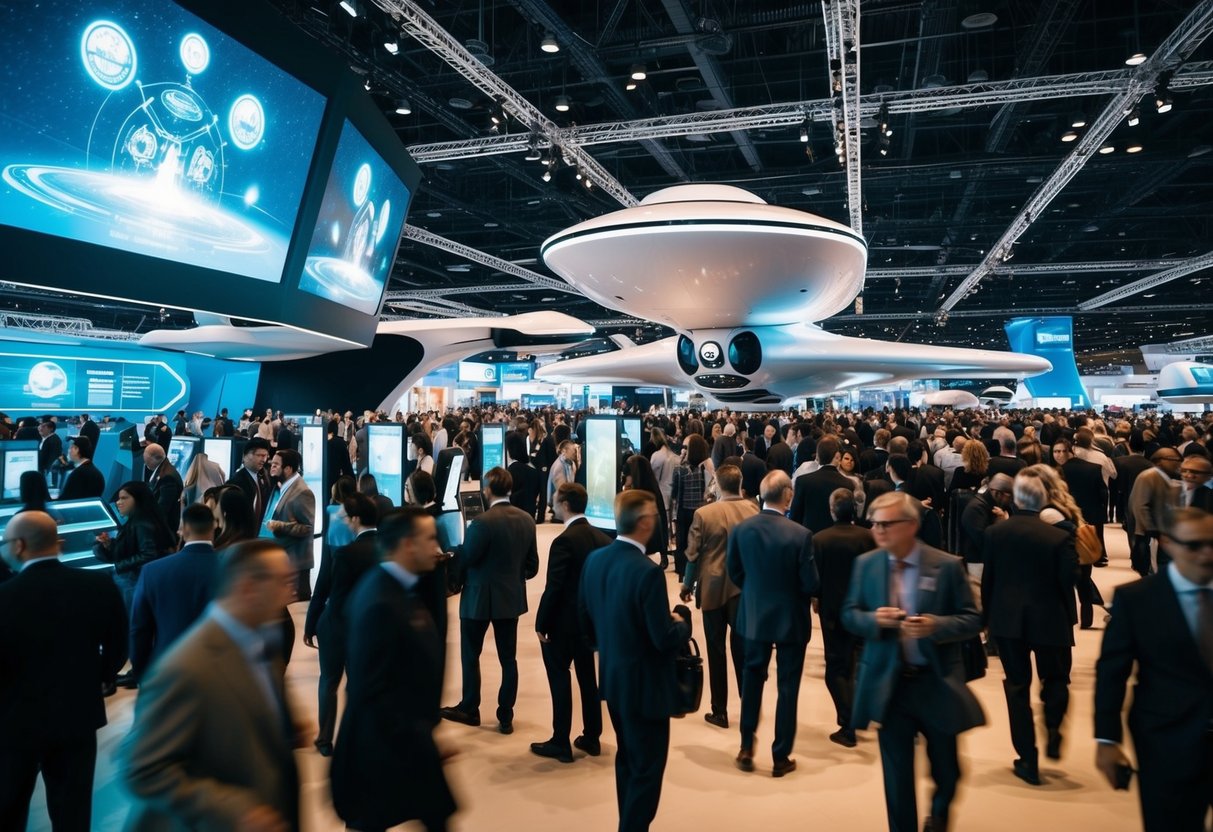 A bustling futuristic expo with holographic displays, sleek spacecraft, and bustling crowds