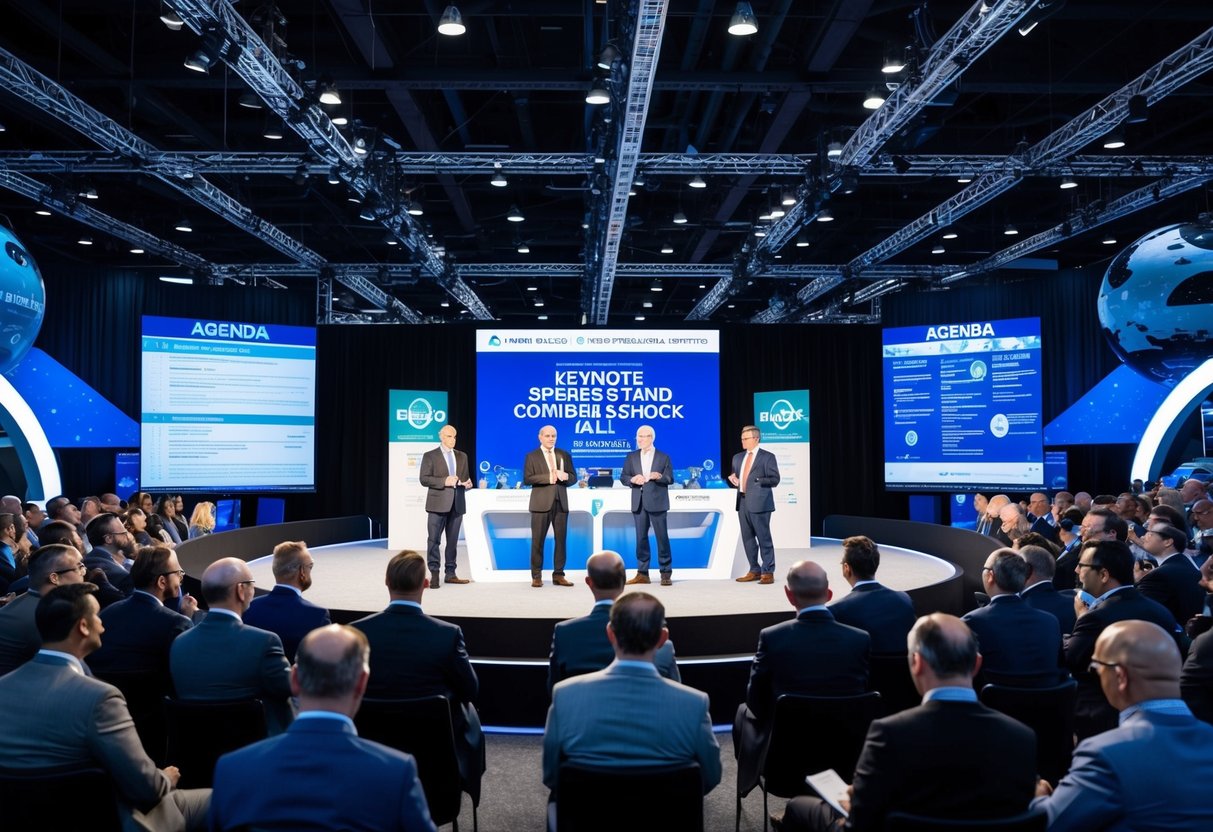 The Keynote Speakers stand at the center of a bustling expo hall, surrounded by a dynamic agenda board and futuristic space-themed decor