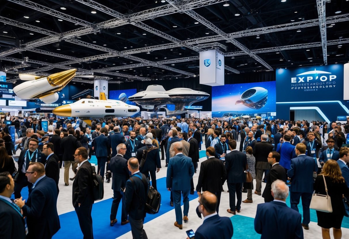 A bustling expo floor filled with futuristic spacecraft, advanced technology, and enthusiastic attendees
