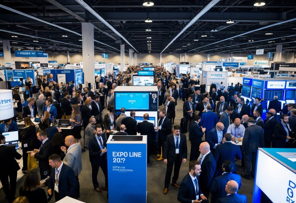 A bustling expo hall filled with booths, people networking, and conducting business. Bright lights and futuristic technology on display