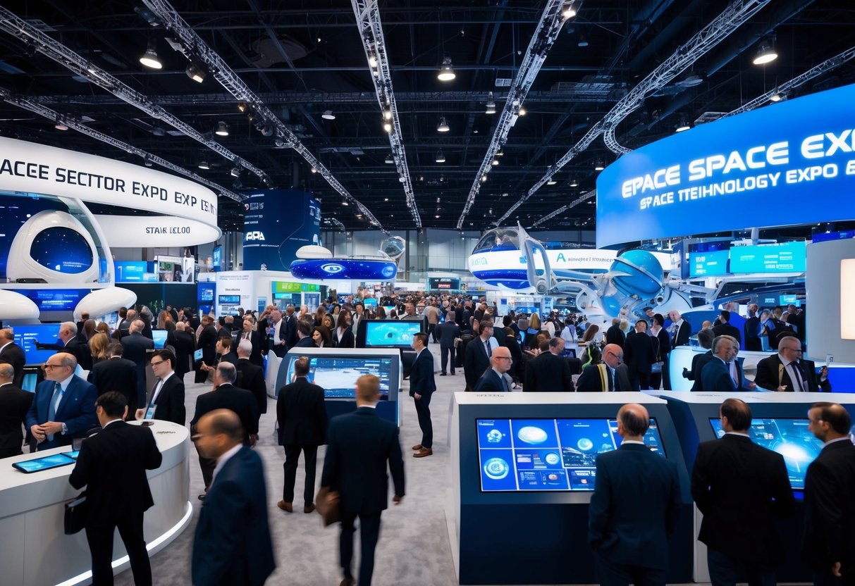 A bustling space sector expo with futuristic technology displays, interactive exhibits, and bustling crowds