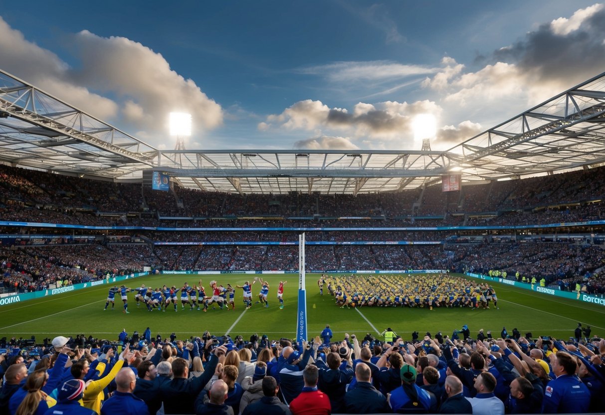 The stadium is packed with cheering fans as the two professional rugby teams face off in the intense finals match of the European Club Rugby championship in Cardiff 2025