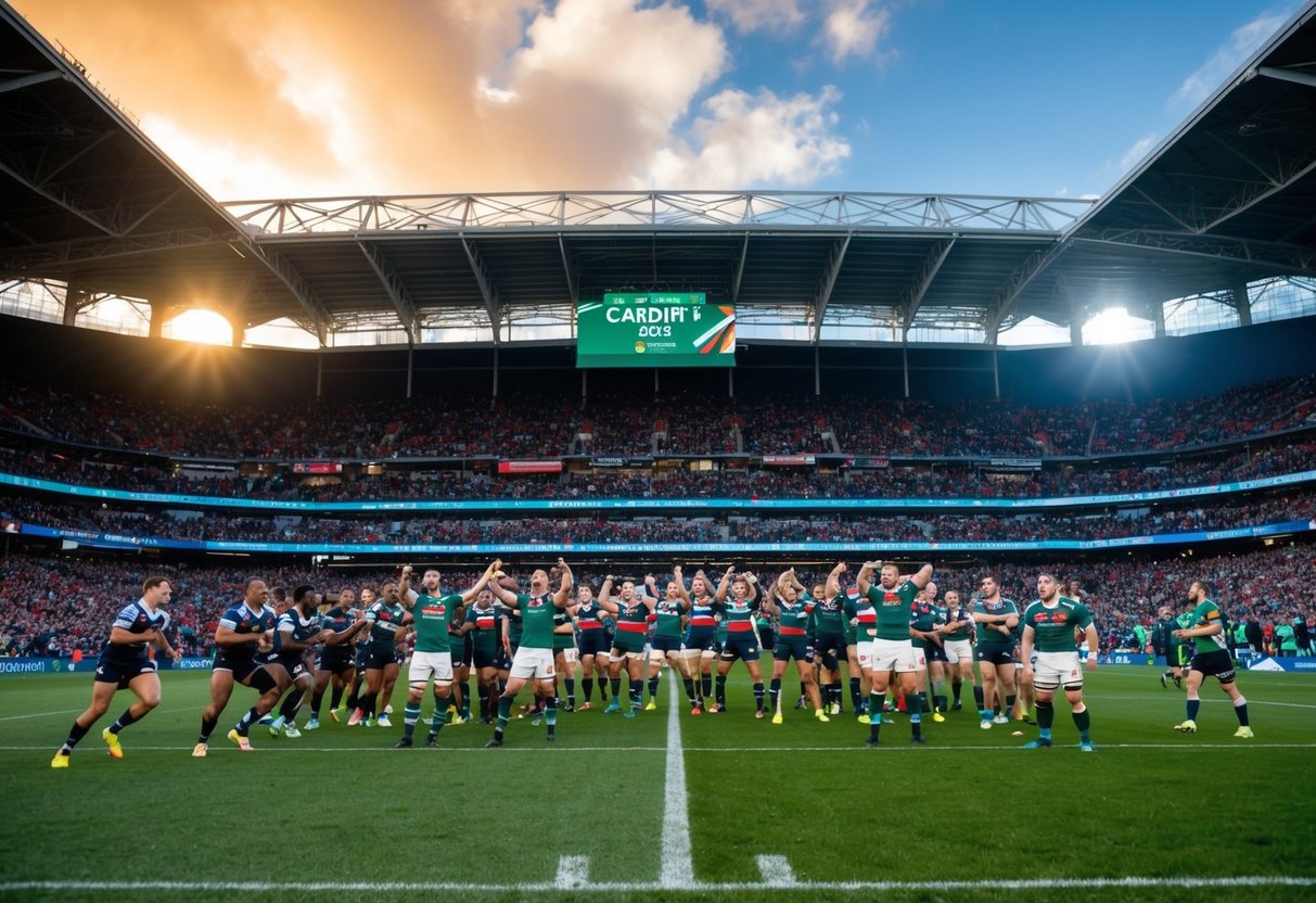 The stadium is packed with cheering fans as the two professional rugby teams face off on the field during the Cardiff 2025 Finals