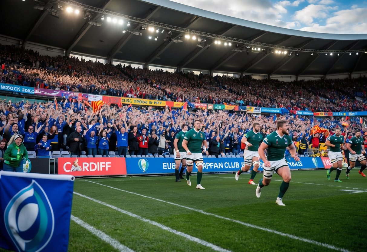 A packed stadium in Cardiff, with roaring fans and colorful team banners, as professional rugby players compete in the 2025 European Club Finals
