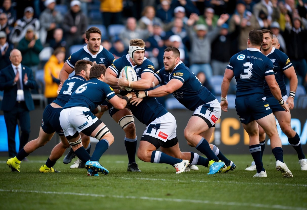 Players in intense rugby match, tackling and passing, while coaches strategize on the sidelines. Crowd cheers in packed stadium