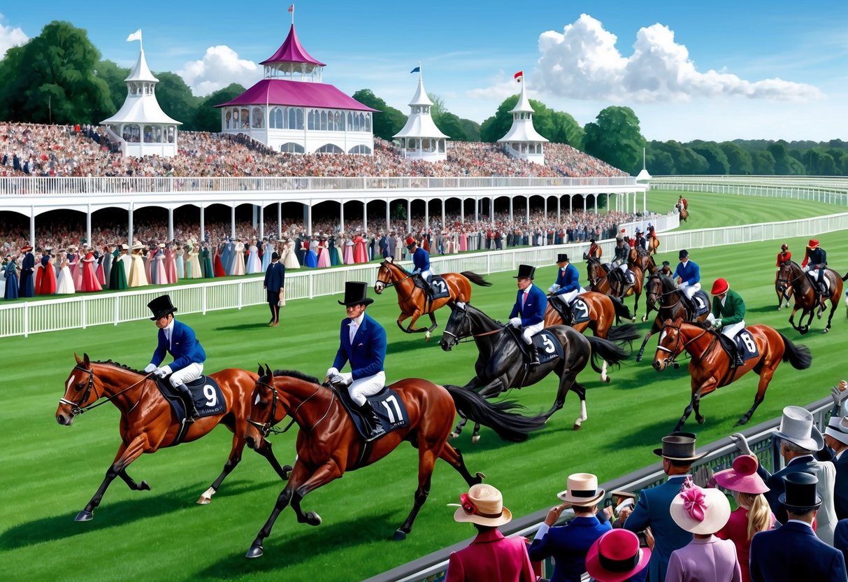 The elaborate hats and elegant attire of Royal Ascot 2025 fill the grandstand as racehorses thunder down the track