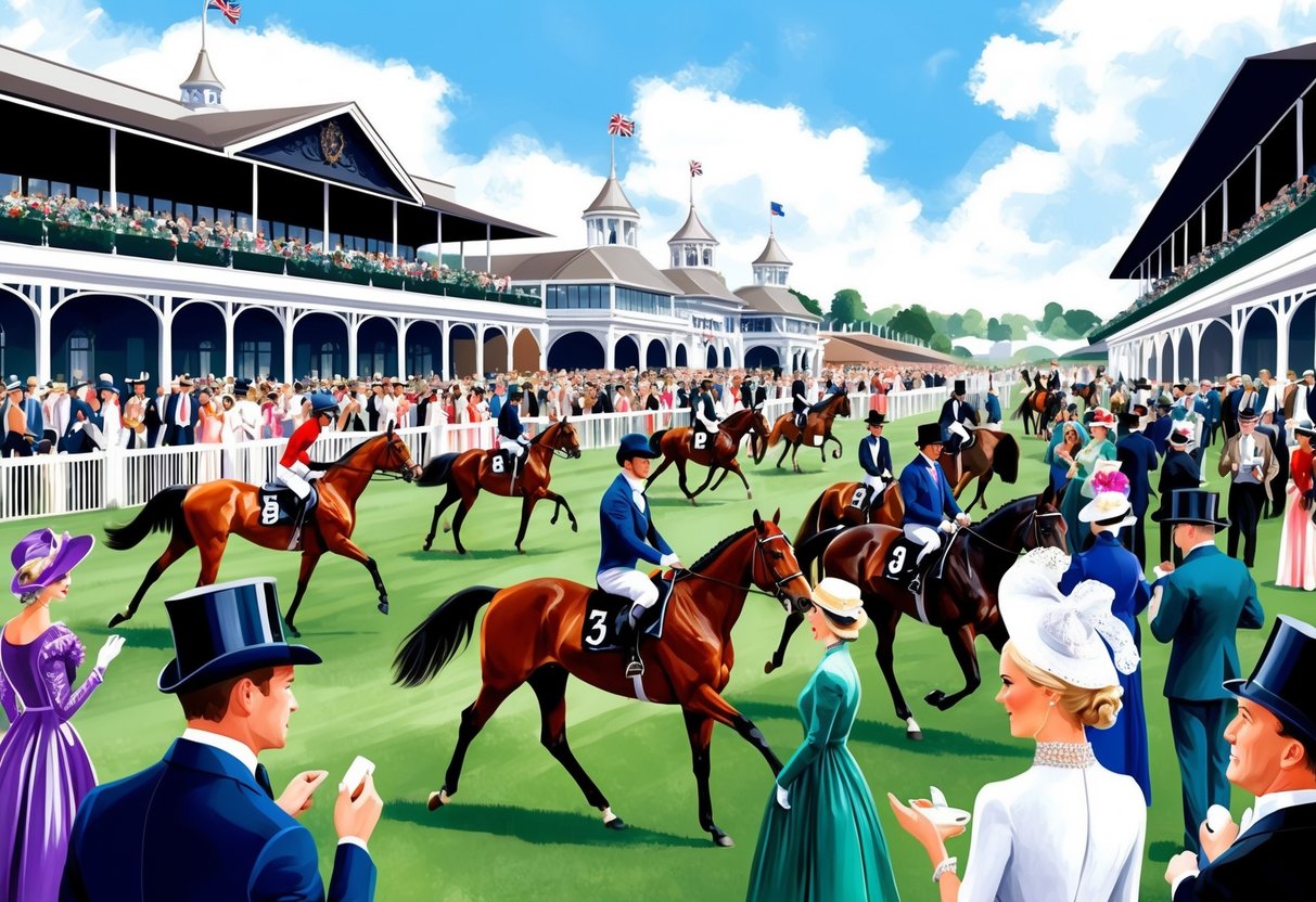 A grand and bustling Royal Ascot event in 2025, with elegant racehorses, opulent fashion, and a regal atmosphere