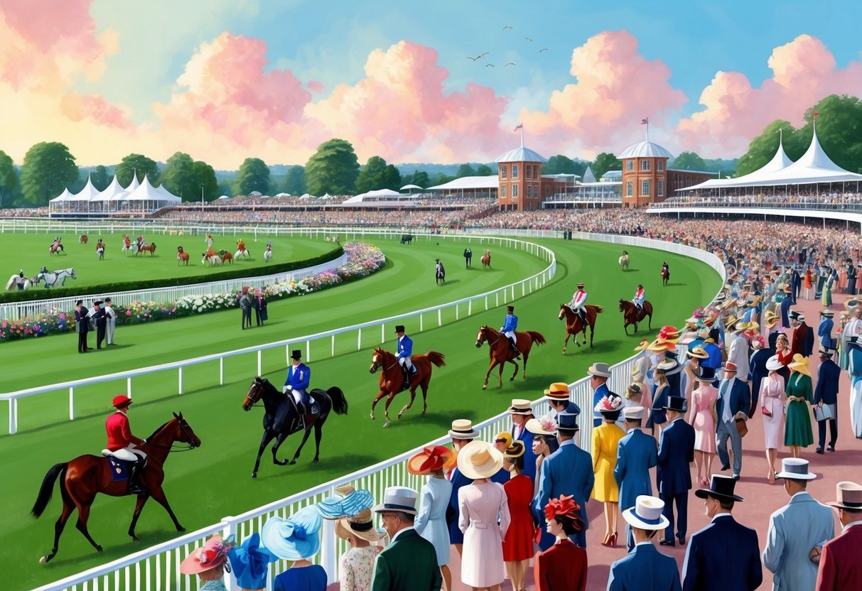 The vibrant Ascot Racecourse buzzes with elegant hats and colorful attire as spectators gather for the Royal Ascot 2025
