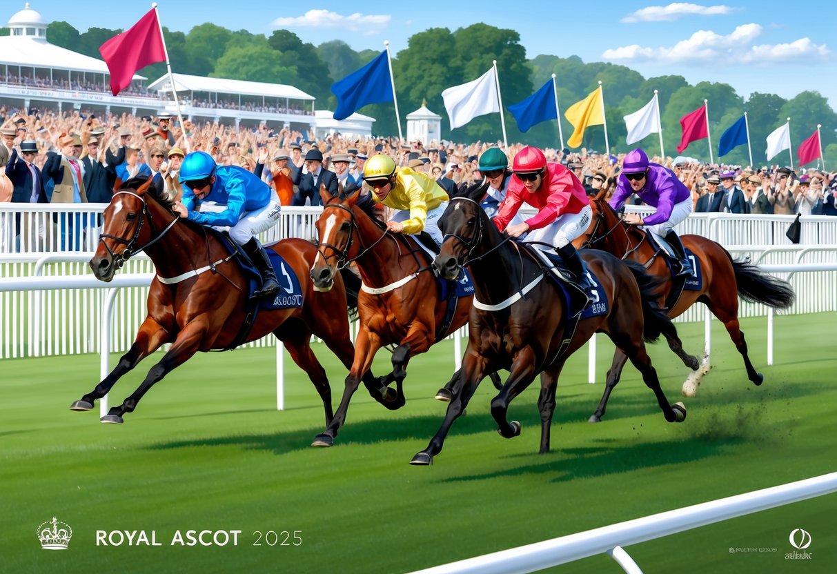 Horses thunder down the track at Royal Ascot 2025, jockeys leaning forward in a fierce competition. Flags flutter in the breeze as the crowd cheers on their favorites