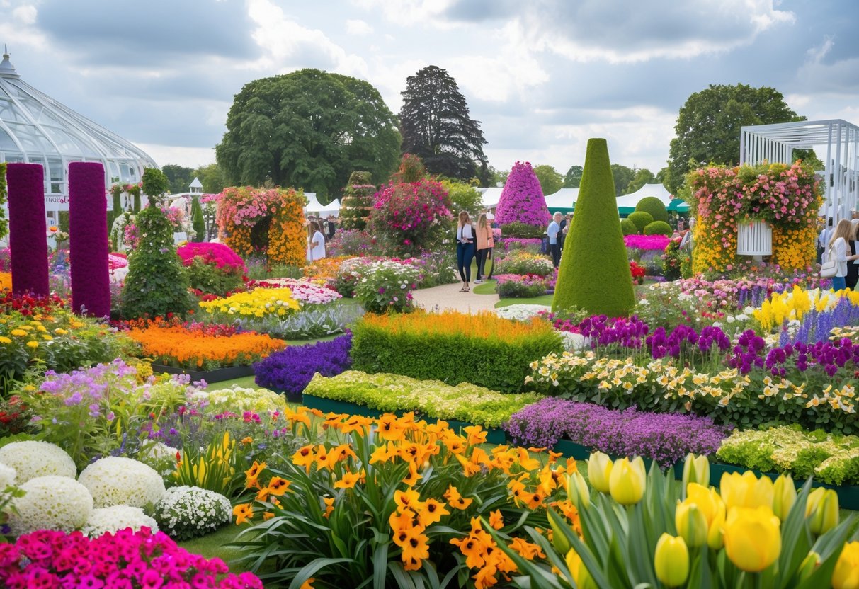 Vibrant floral displays fill the Chelsea Flower Show, with a mix of colorful blooms and lush greenery. A variety of garden designs and structures create a stunning backdrop