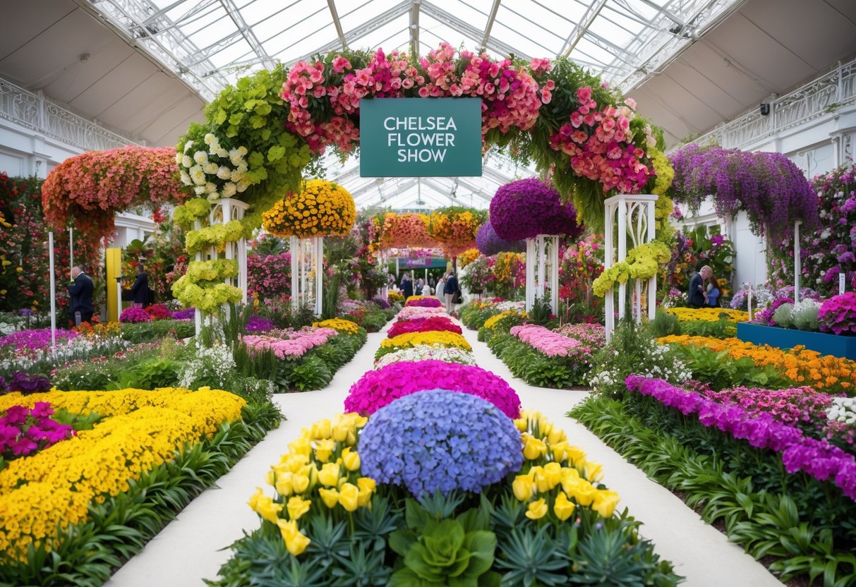 Vibrant floral displays fill the Chelsea Flower Show 2025, with colorful blooms and intricate garden designs creating a breathtaking and captivating scene