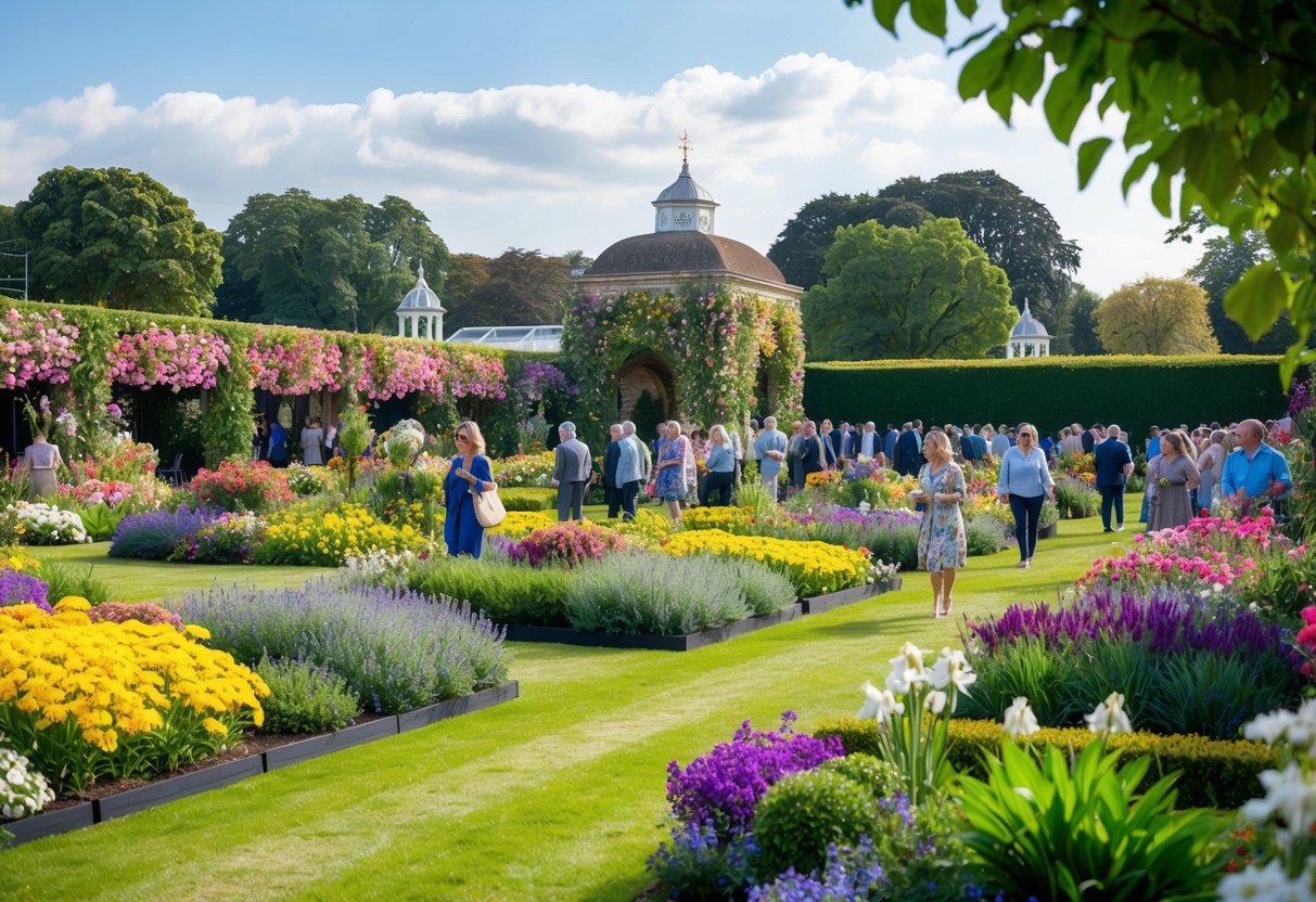 Lush gardens and vibrant floral displays fill the grounds of the Chelsea Flower Show 2025, with visitors enjoying the beautiful and welcoming atmosphere