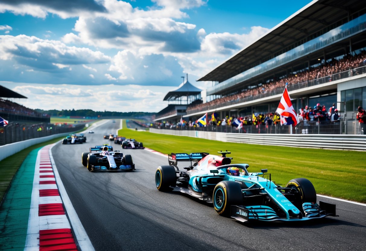 Formula 1 race cars speeding on the Silverstone racetrack with spectators in the grandstands and green surroundings.