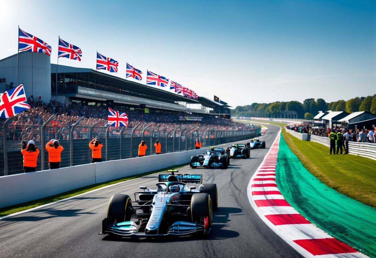 Formula 1 cars racing on a track with fans waving British flags in the grandstands at the Silverstone Circuit.