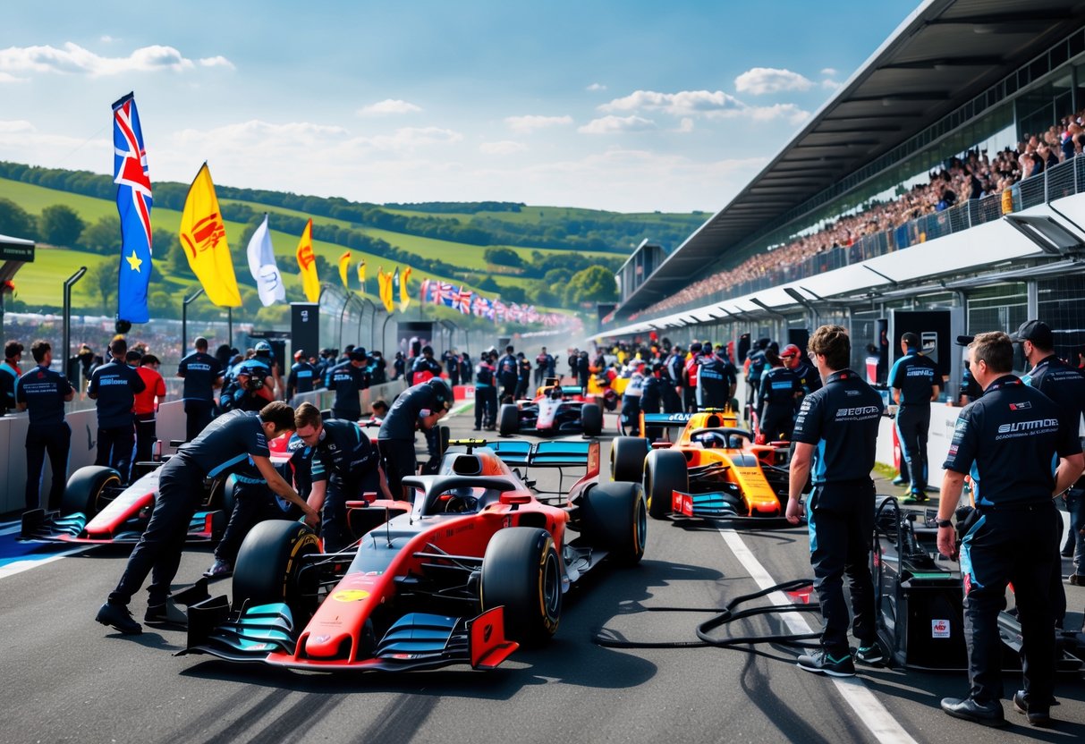 Race track paddock with engineers working on Formula 1 cars, spectators in grandstands, and British countryside in the background.