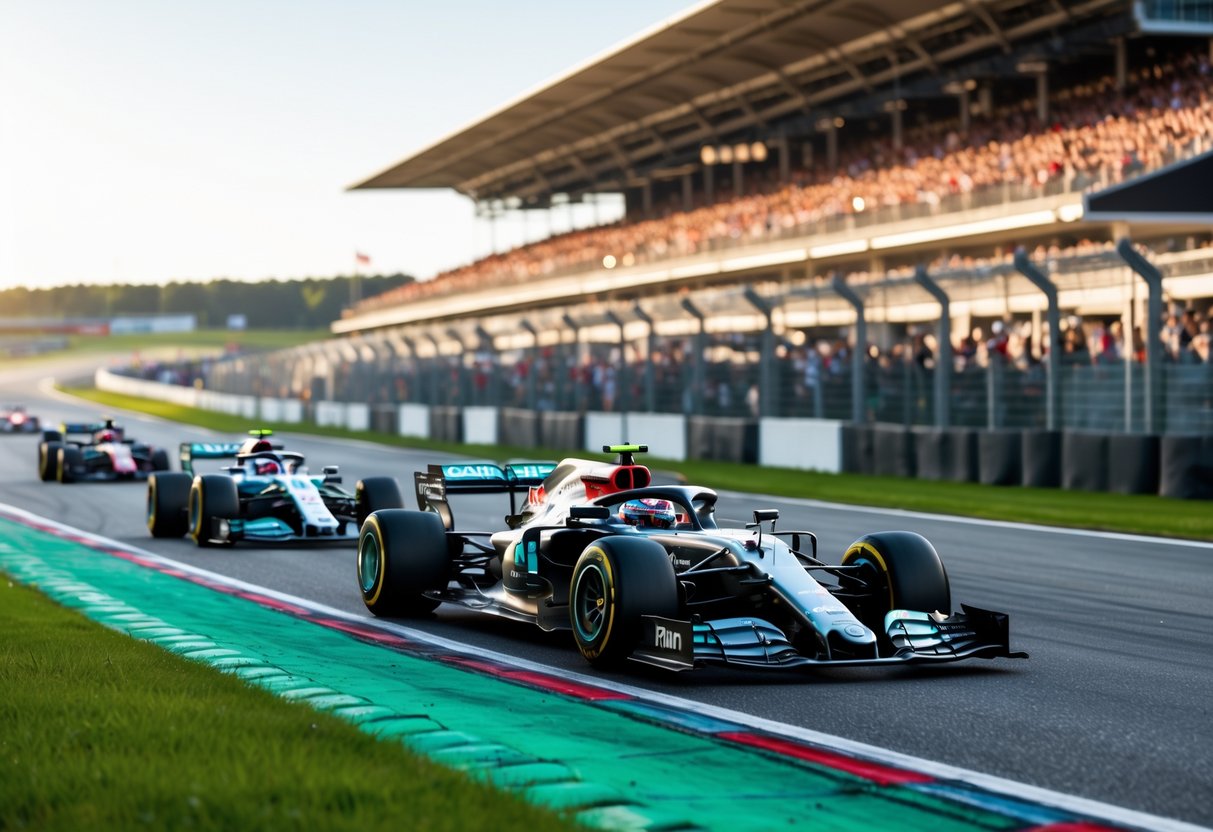 Formula 1 cars racing at high speed on a race track with spectators in the stands and clear sky above.