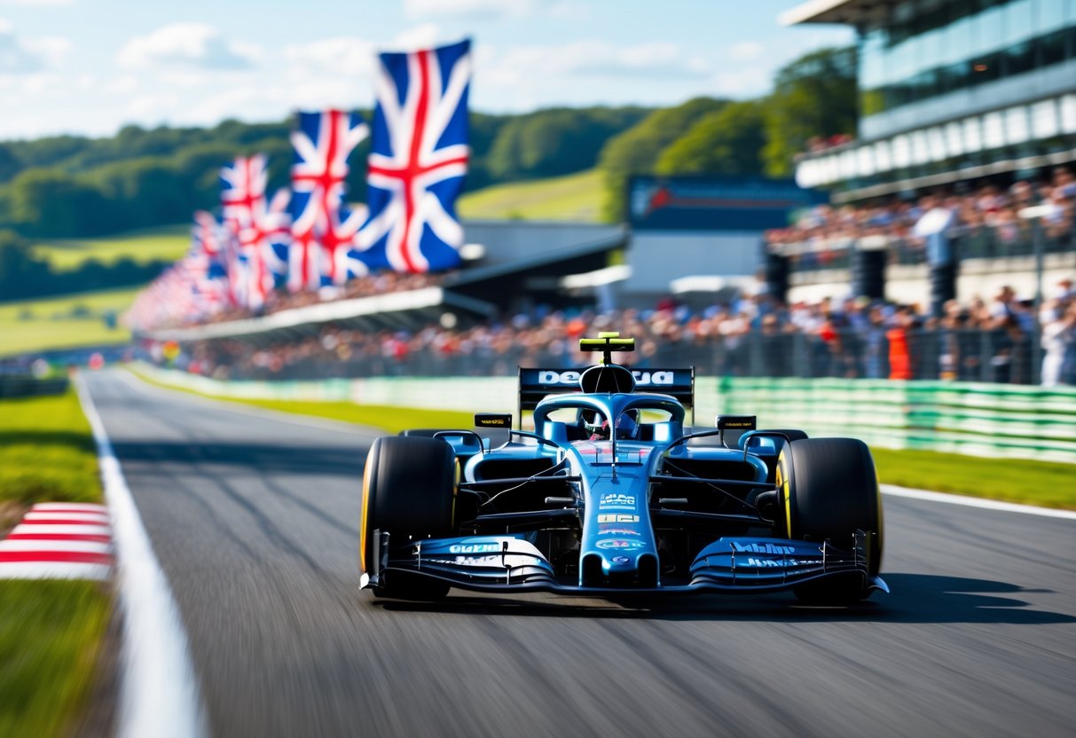 A Formula 1 race car speeding on the Silverstone Circuit with spectators in the grandstand and green countryside in the background.