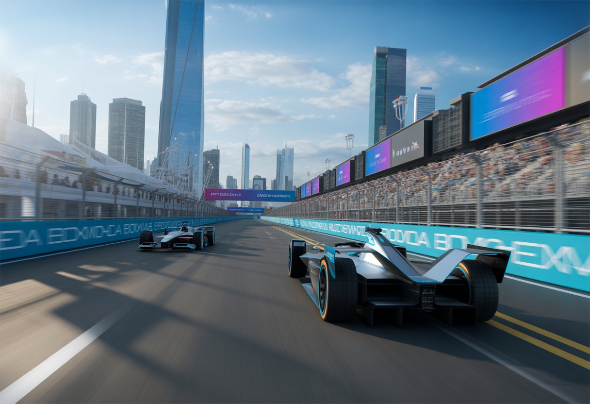 Electric race cars speeding on a city street circuit with skyscrapers and spectators in the background.