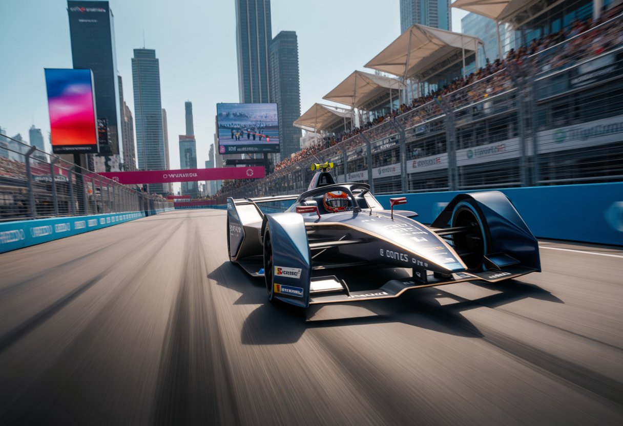 A futuristic electric Formula E race car speeding on a city street circuit with skyscrapers and crowds in the background.