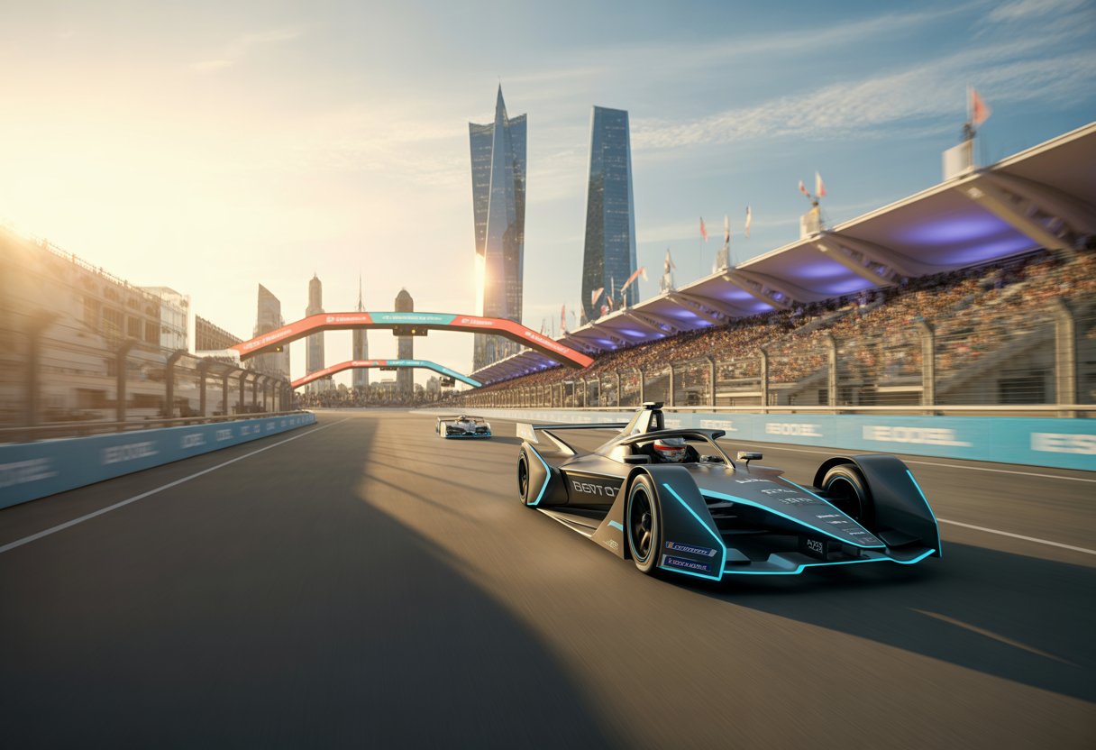 Electric race cars speeding on a city circuit with spectators and city landmarks in the background during sunset.