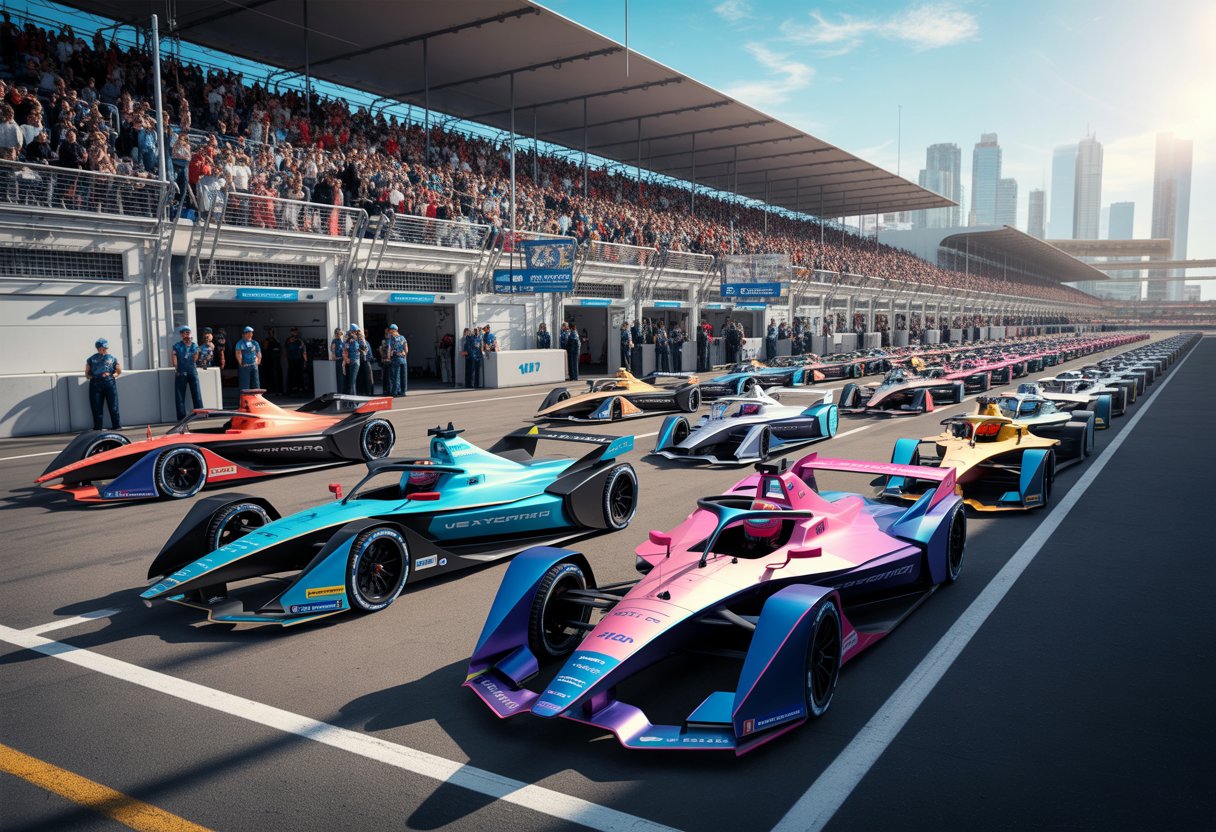 Electric race cars from different teams lined up on a racetrack with spectators and team members preparing in the background during a Formula E event.