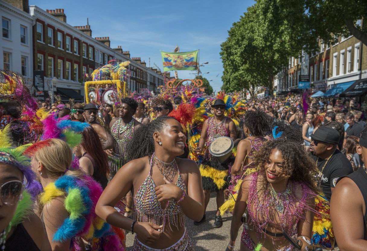 A colourful crowd celebrating at Notting Hill Carnival with dancers in elaborate costumes and decorated floats on a sunny street.