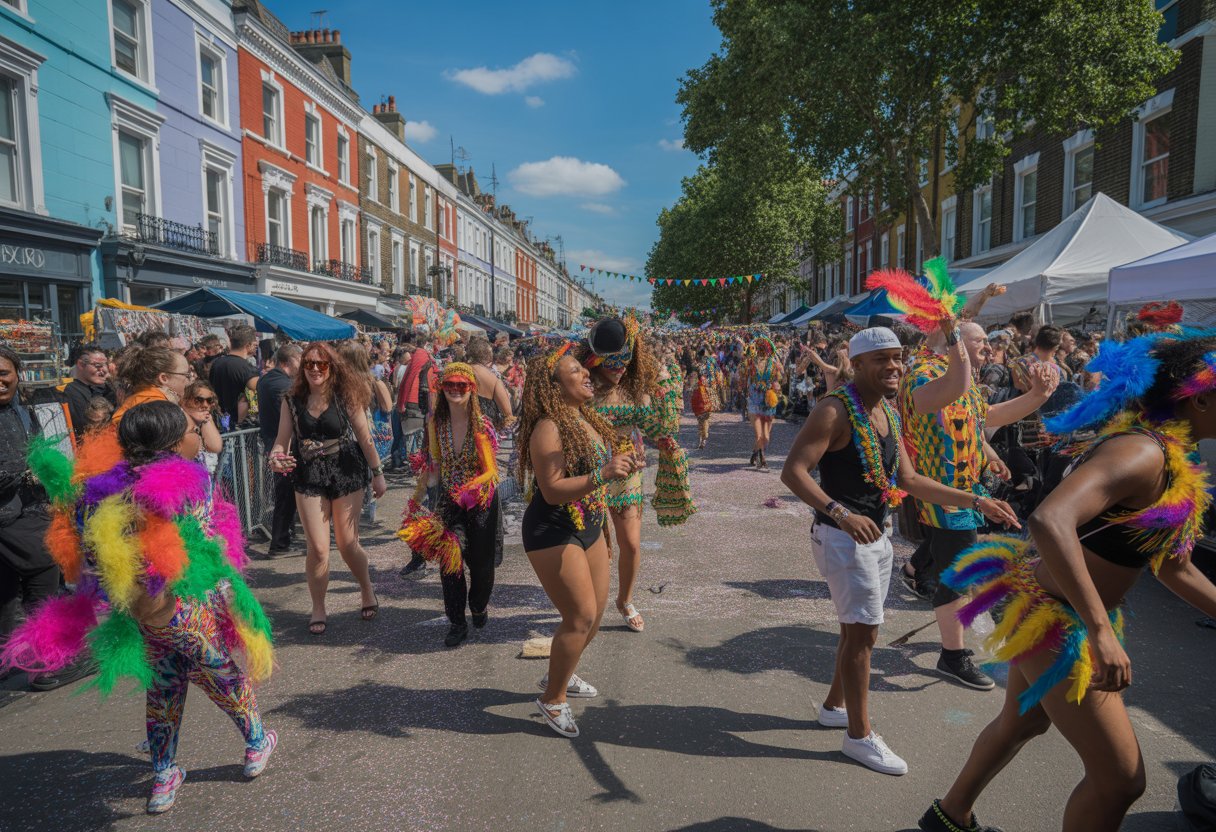 Crowd of people celebrating outdoors in colourful costumes on a sunny street with festive decorations and traditional buildings in the background.