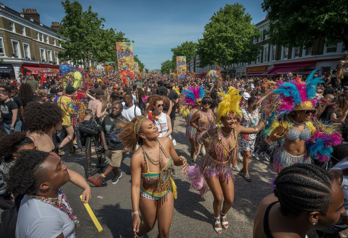 Crowd of people celebrating outdoors in colourful costumes on a sunny street with festive decorations and traditional buildings in the background.