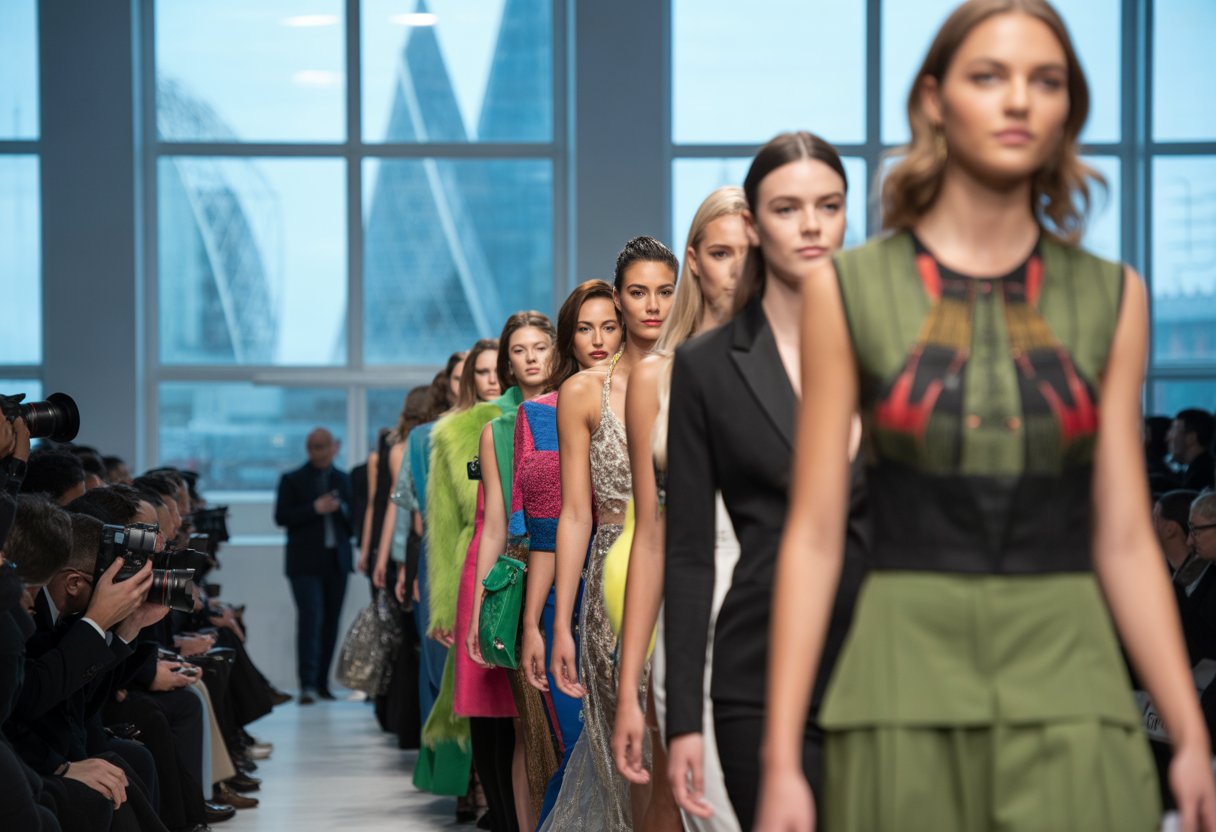 Models walking on a runway during a fashion show with photographers and London landmarks visible in the background.