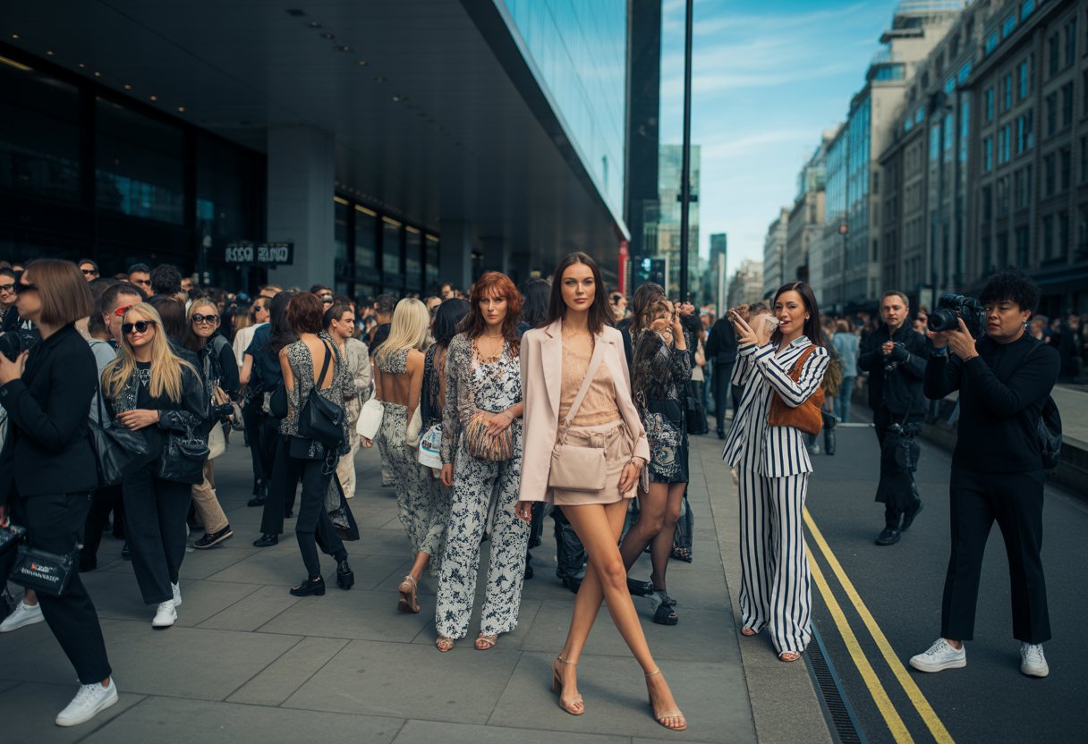 People dressed in fashionable clothing gather outside a modern building in London during a busy fashion event.