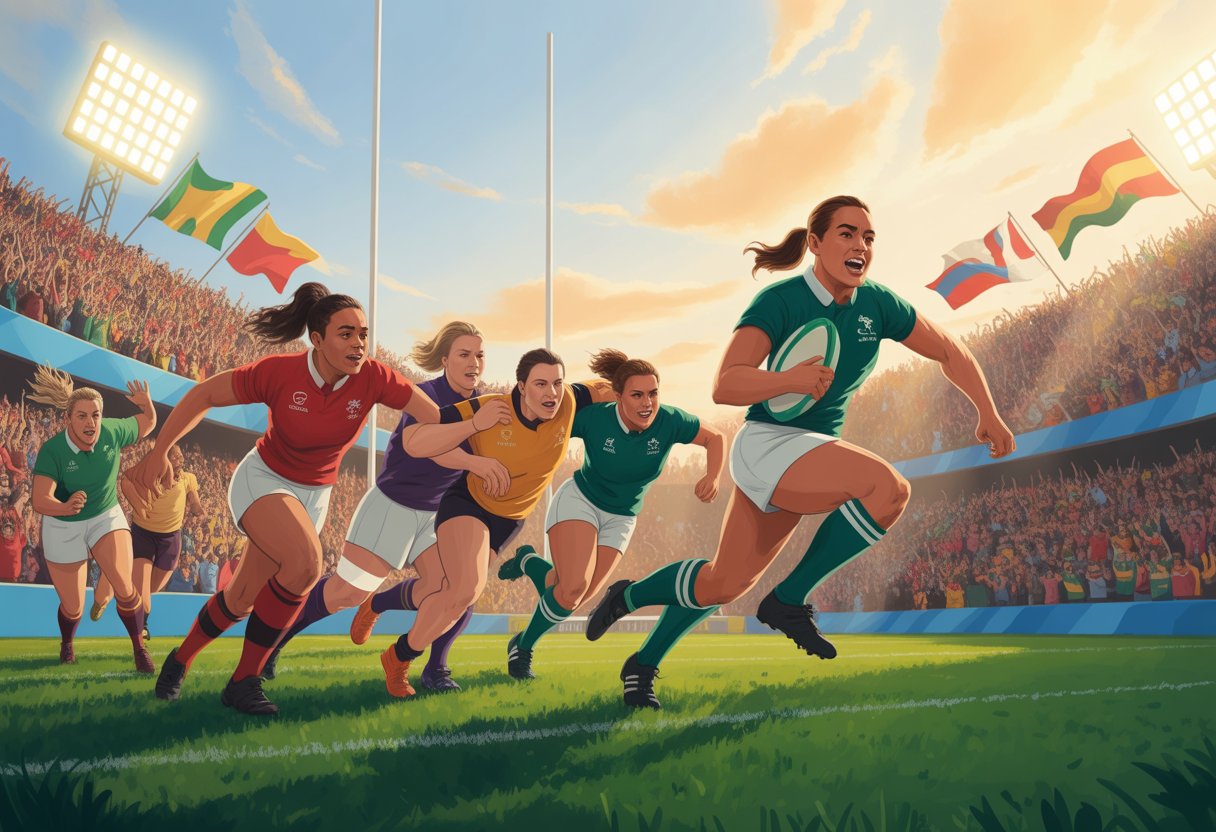 Two women's rugby teams competing intensely on a rugby field with a crowd watching in a large stadium.