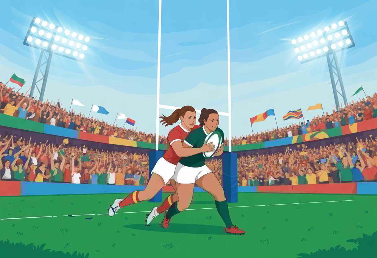 Two female rugby players competing fiercely on a rugby field with a stadium full of cheering fans in the background.