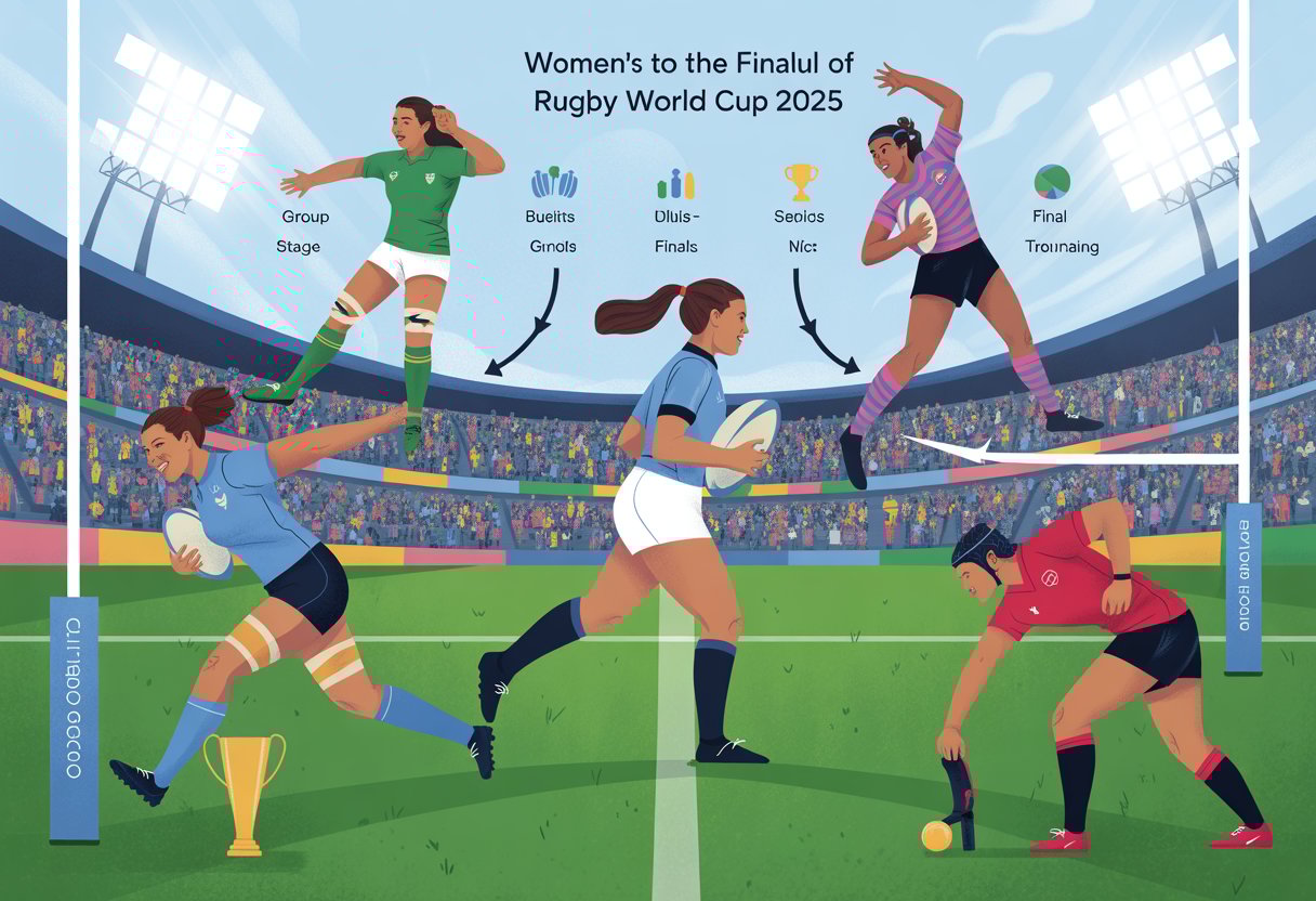 An illustration showing female rugby players in action with a tournament bracket and a large stadium filled with spectators in the background.