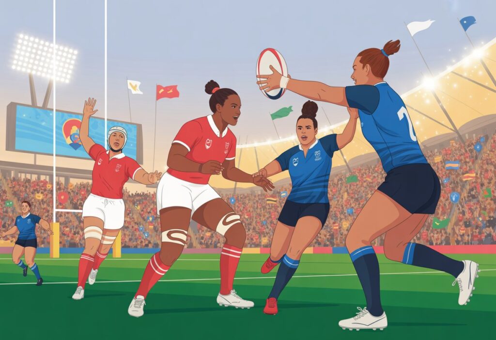 Two women's rugby teams competing fiercely on a stadium field during a rugby world cup final, with fans cheering in the stands.