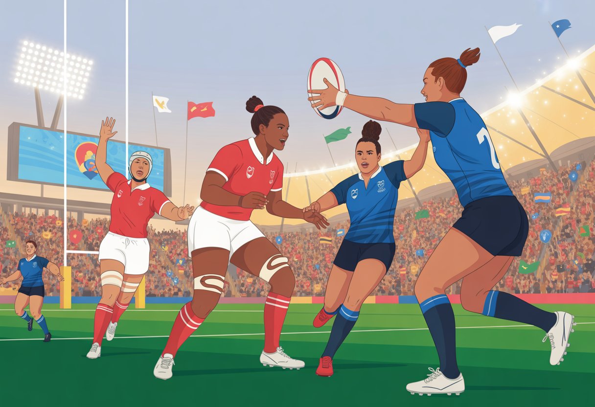 Two women's rugby teams competing fiercely on a stadium field during a rugby world cup final, with fans cheering in the stands.