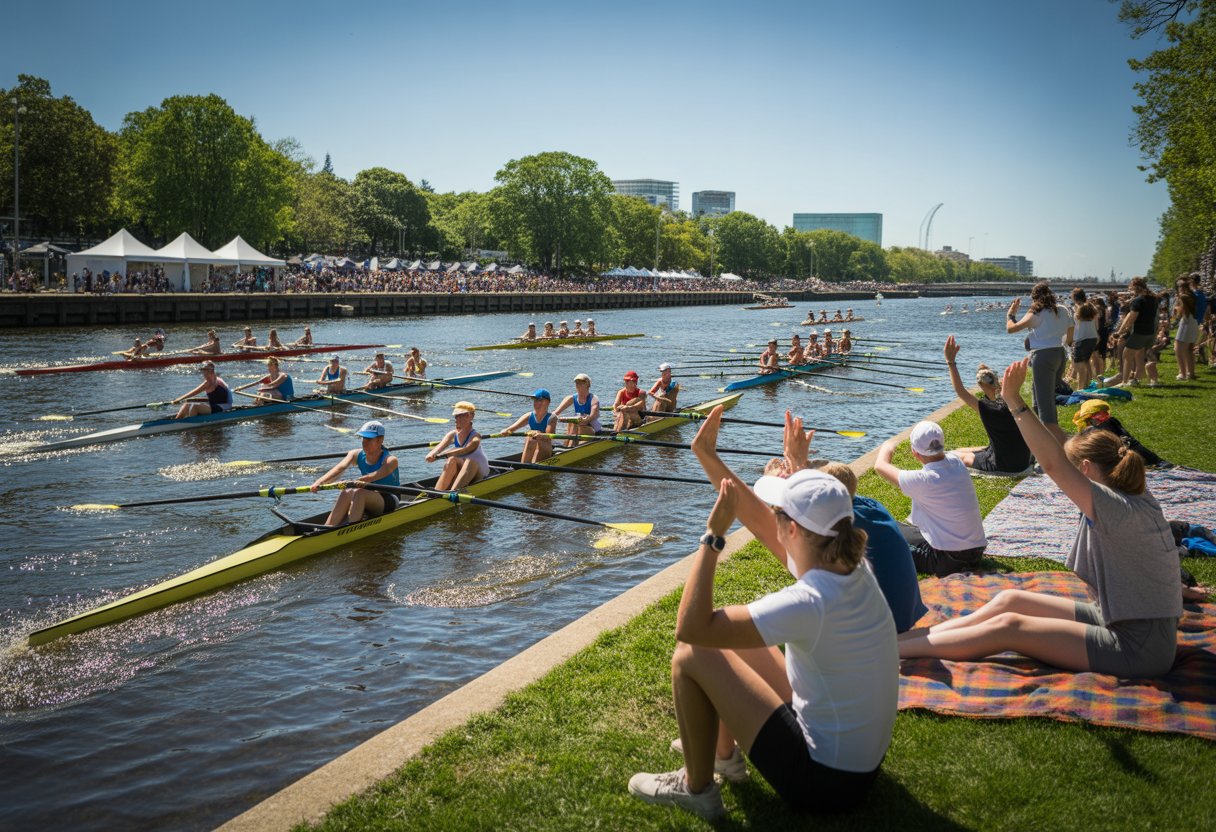 Rowing teams racing on a river with spectators watching from the grassy riverbank on a sunny day.