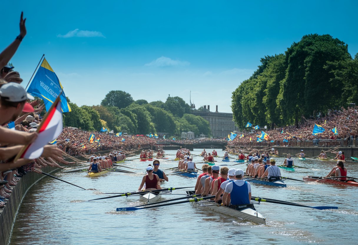 Rowers in colourful boats racing on a river with spectators watching from green riverbanks under a clear blue sky.