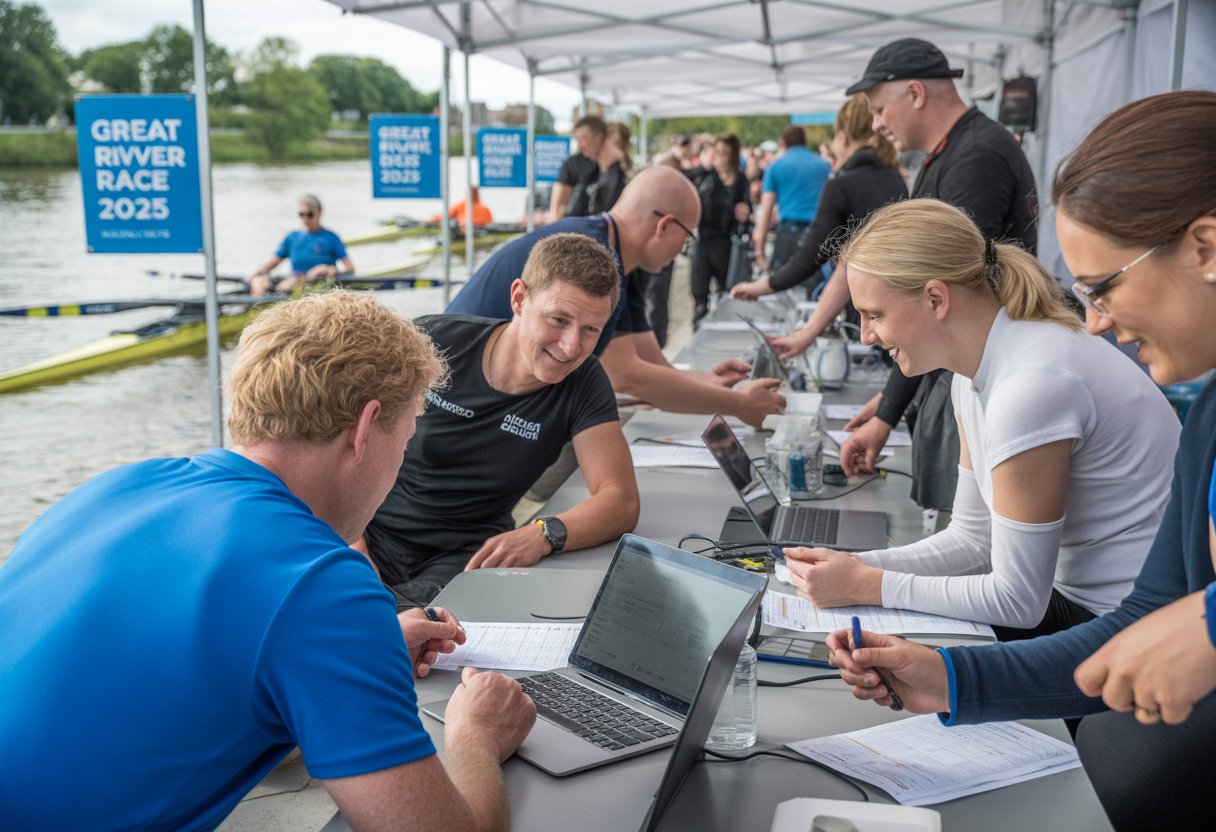 People registering at an outdoor booth by a river for a rowing race event, with staff helping participants prepare.