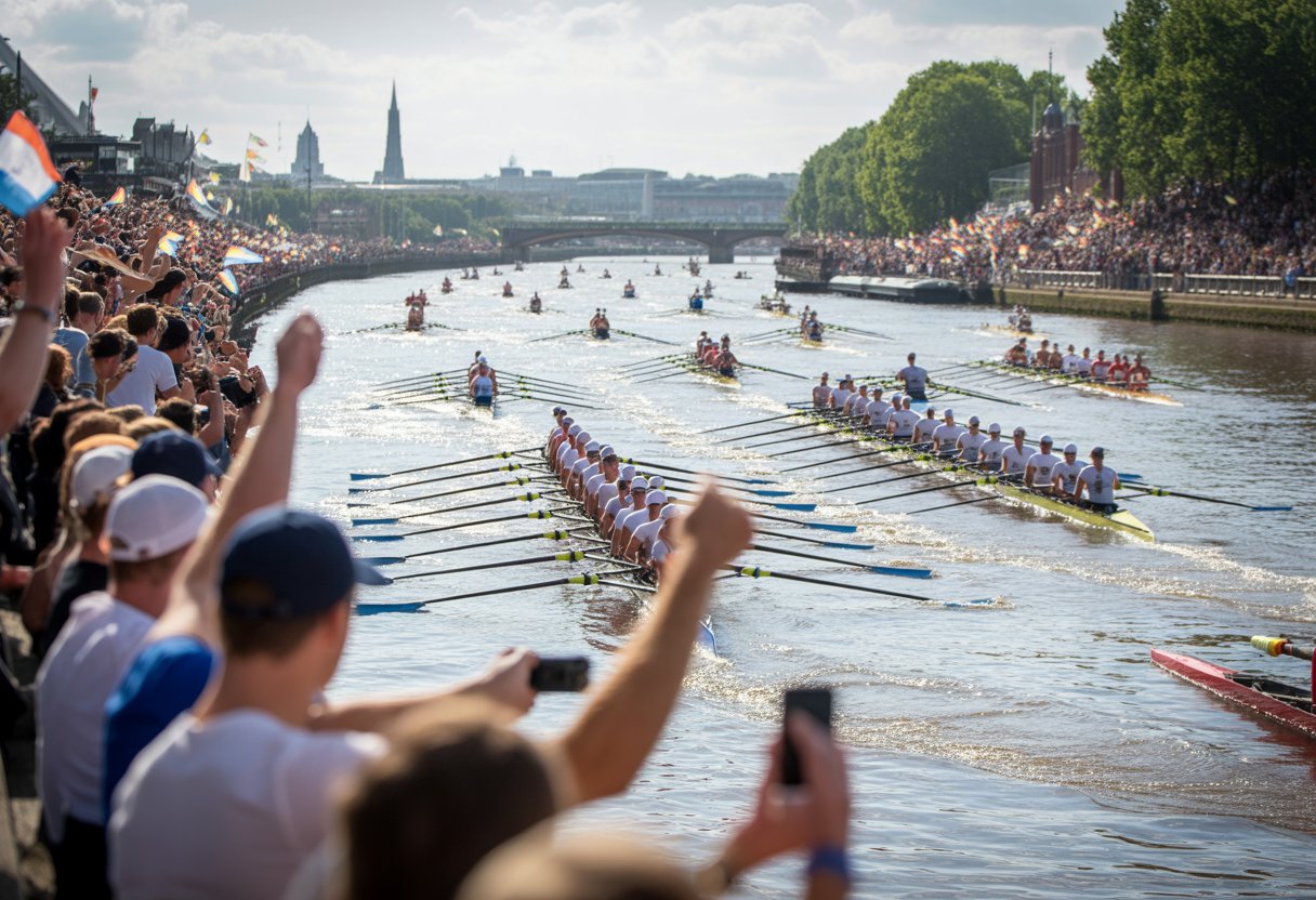 Rowing boats racing on a river with people watching from the riverbank on a bright day