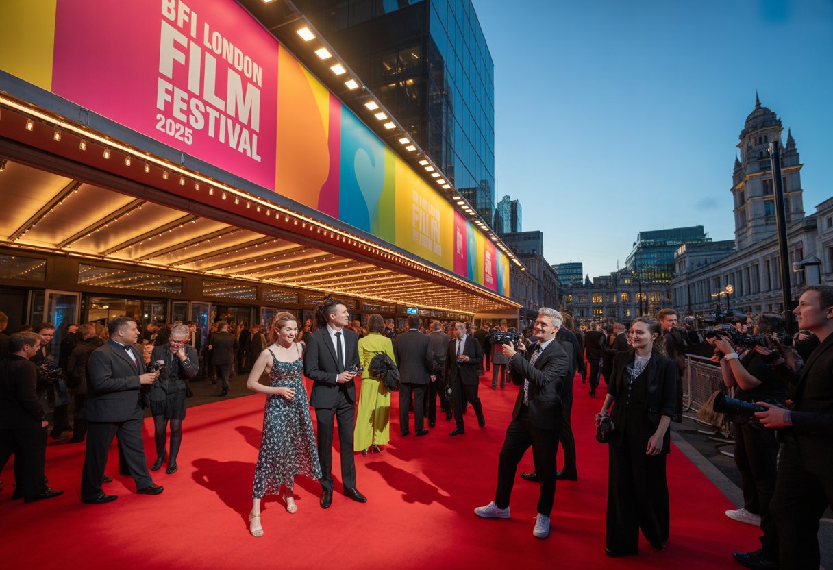 People dressed formally on a red carpet outside a cinema in London during a film festival evening event.