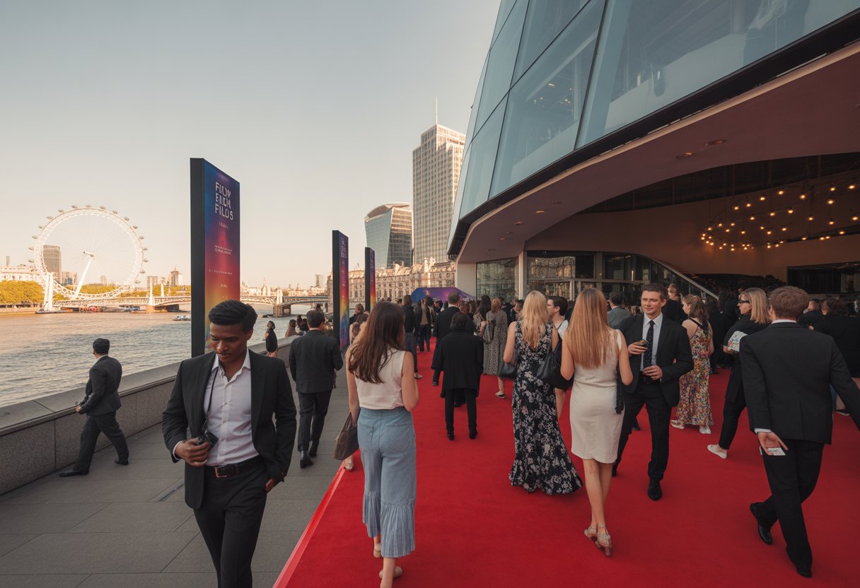 A modern cinema venue in London with people arriving along a red carpet, set against the city skyline at sunset.