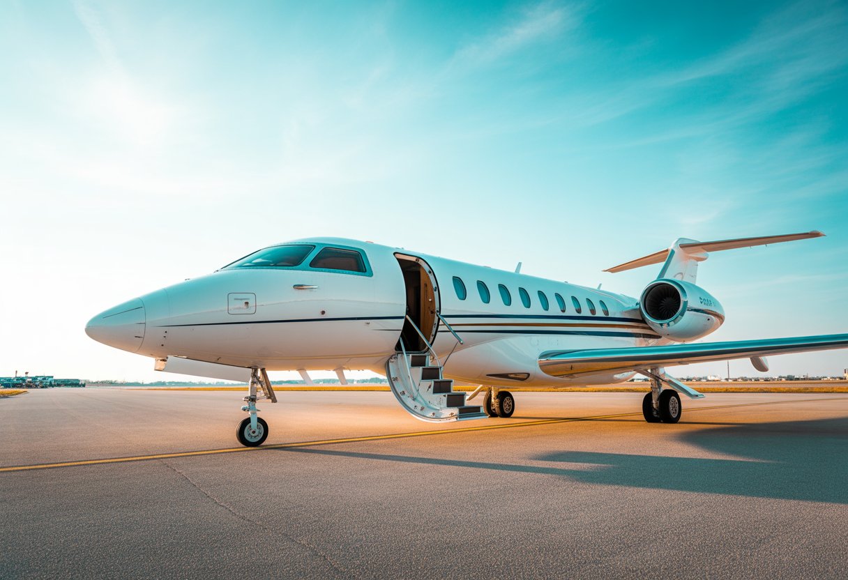A private jet parked on an airport runway under a clear blue sky with its door open and no people around.
