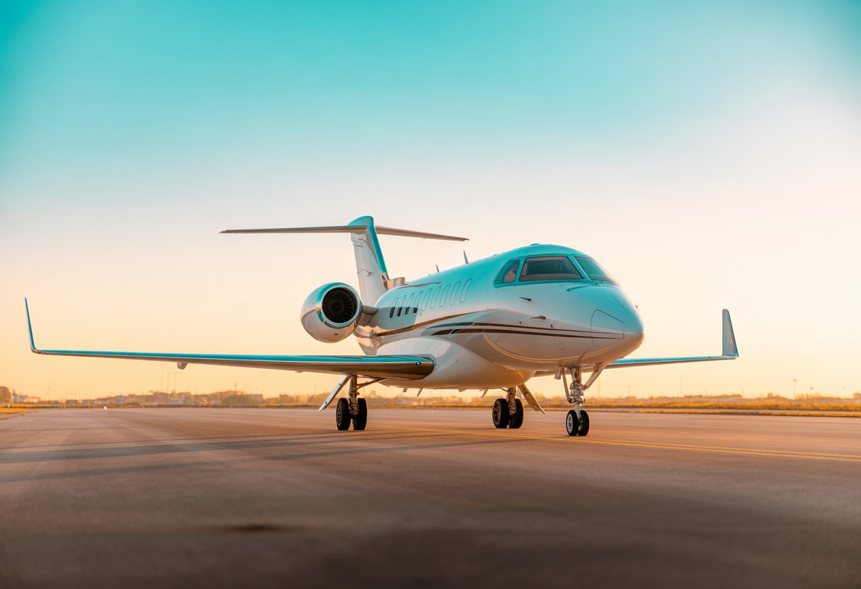 A private jet parked alone on an airport runway under a clear sky with warm sunlight.