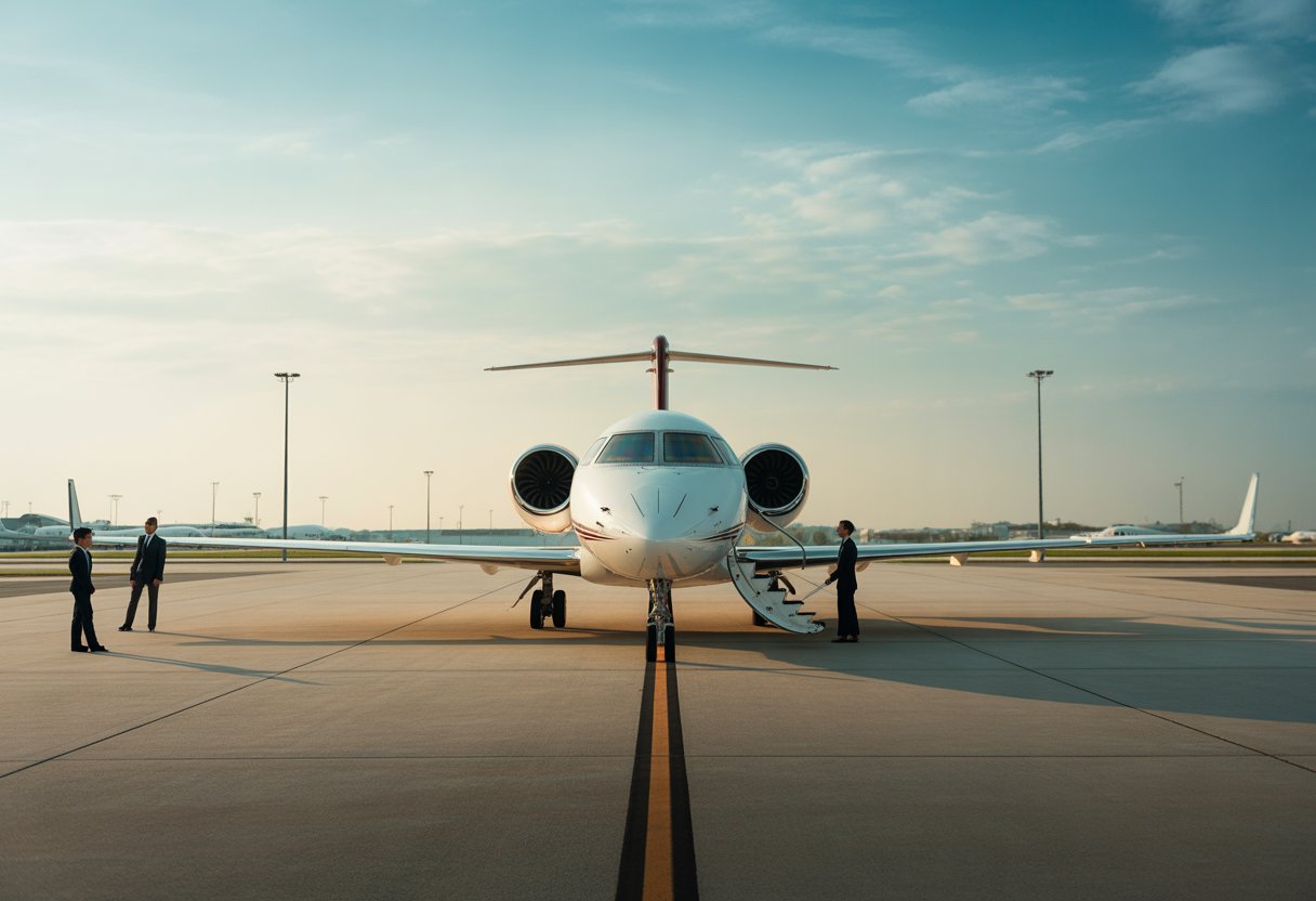 A private jet parked on an airport tarmac with ground crew members performing checks under a clear sky.