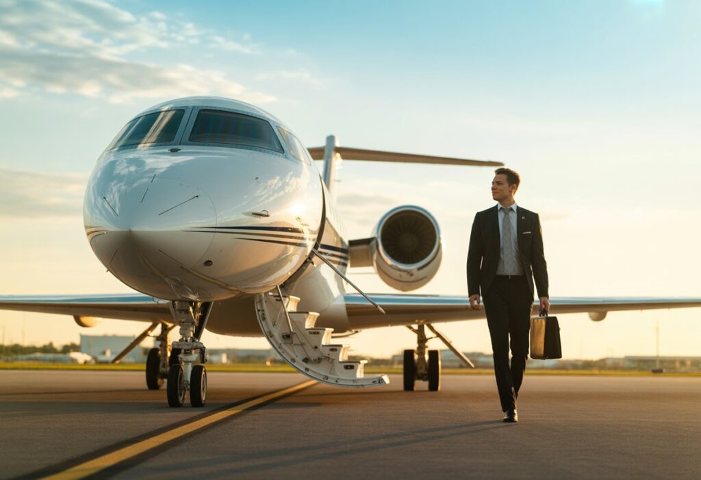 A private jet on an airport runway with a business traveller walking towards it carrying a briefcase.
