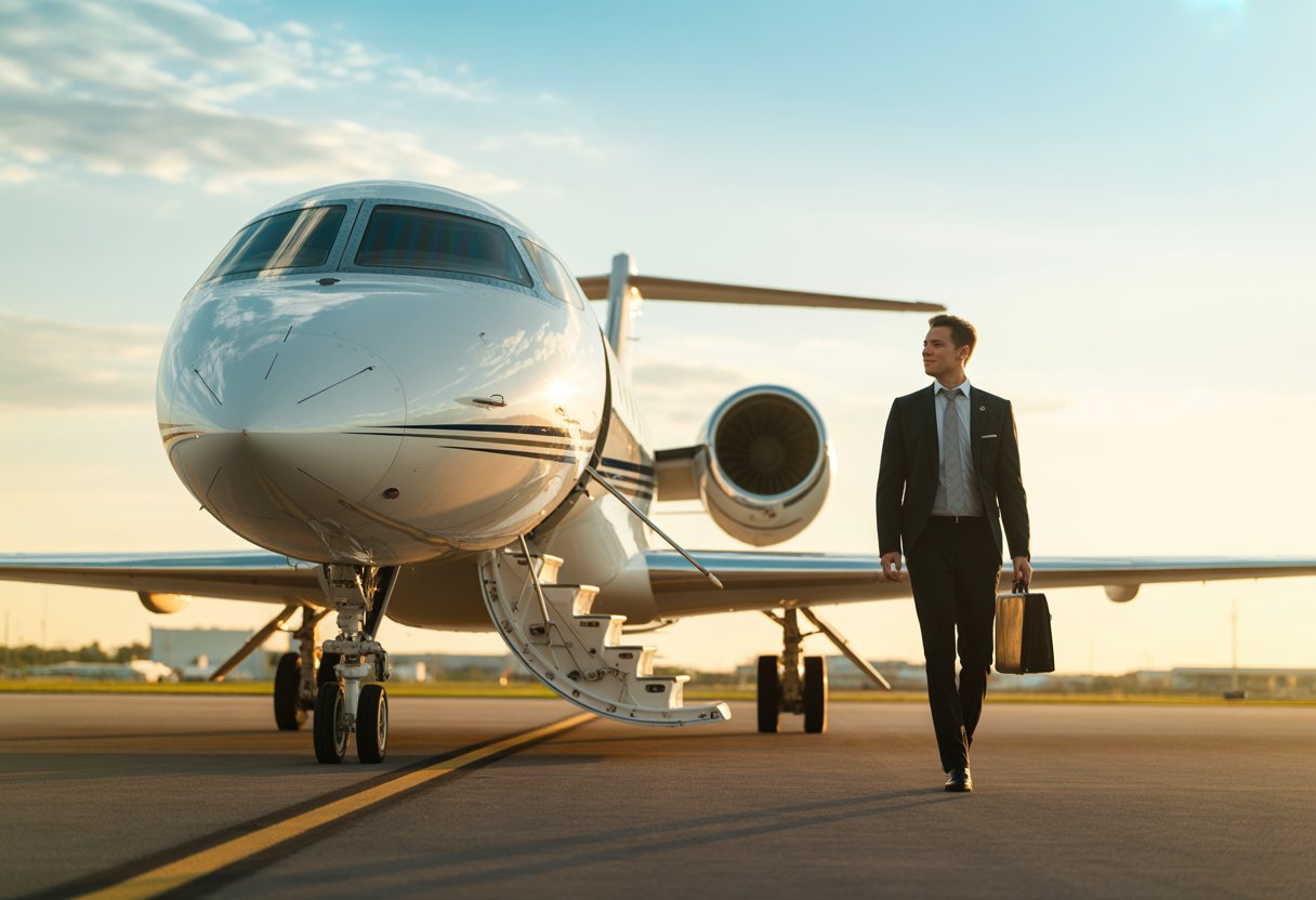 A private jet on an airport runway with a business traveller walking towards it carrying a briefcase.